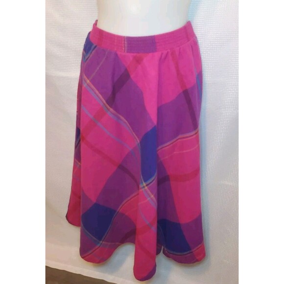 Vtg Ms Russ Pink Blue Heritage Plaid Wool Midi Skirt Sz M/L Union Made ILGWU - Picture 1 of 9